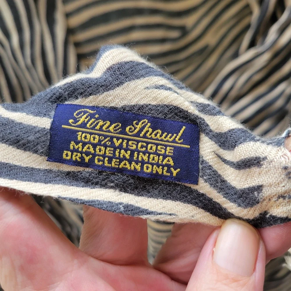Fine Shawl‎ Zebra Print Viscose Wrap Scarf Black Tan Fringed Made in India